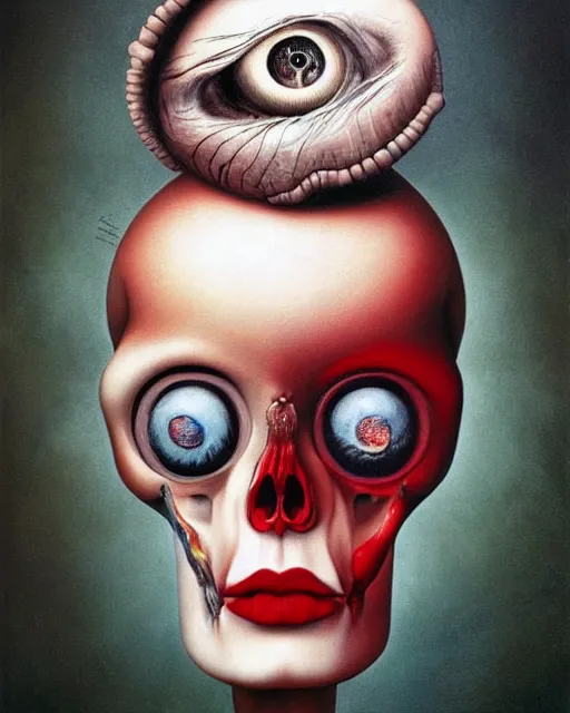 Image similar to a surrealistic head and shoulder painting of a gorgeous human skull with eyeballs and red lipstick, in the style of rene magritte and zdzislaw beksinski and mark ryden, digital art, detailed masterpiece