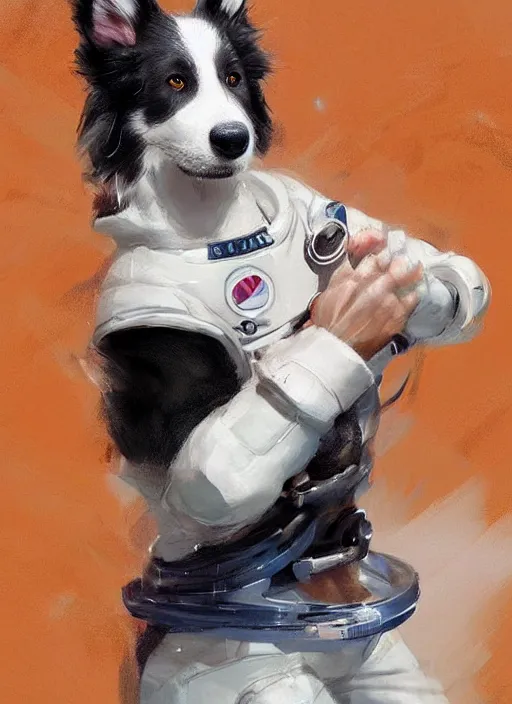 Image similar to beautiful portrait of a cute male anthropomorphic border collie fursona wearing a spacesuit in the ocean. by charlie bowater, henry asencio, and ross tran. scenic background, detailed, concept art, detailed hands, glamor pose, aesthetic, trending on artstation, top rated on furaffinity and deviantart