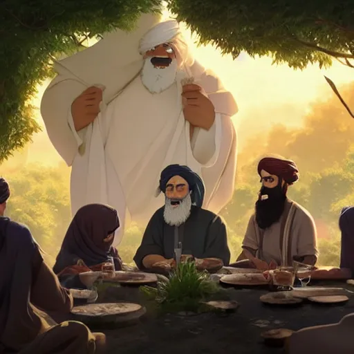 Prompt: a wholesome animation key shot of osama bin laden sitting with taliban elders, medium shot, waist up, studio ghibli, pixar and disney animation, sharp, rendered in unreal engine 5, anime key art by greg rutkowski, bloom, dramatic lighting