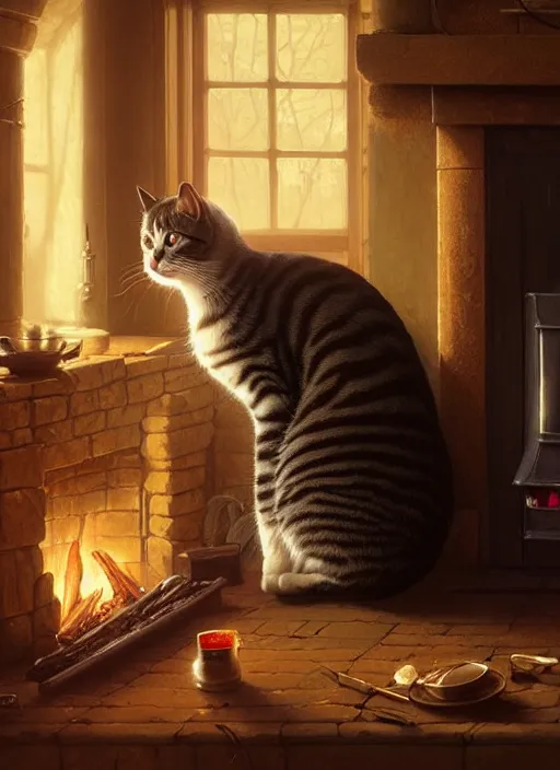 Prompt: highly detailed portrait of a cat sleeping near a fireplace inside a tavern, stephen bliss, unreal engine, greg rutkowski, loish, rhads, beeple, makoto shinkai and lois van baarle, ilya kuvshinov, rossdraws, tom bagshaw, tom whalen, alphonse mucha, global illumination, god rays, detailed and intricate environment