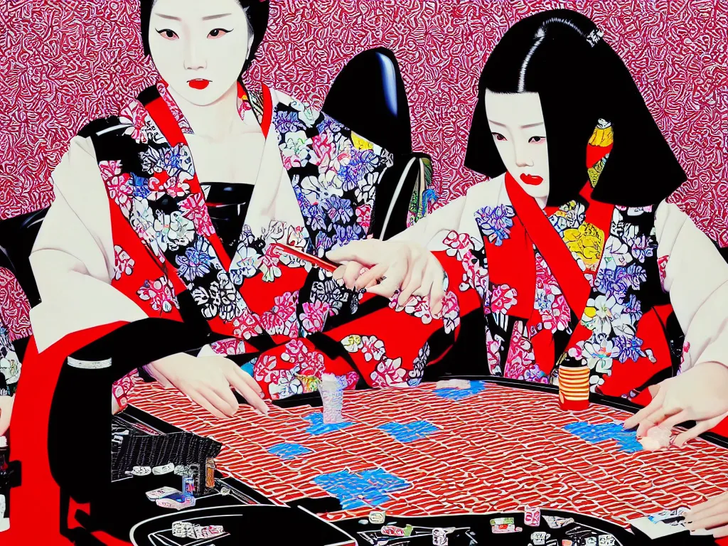 Image similar to hyperrealism composition of the detailed woman in a japanese kimono sitting at an extremely detailed poker table with darth vader, fireworks and folding screen on the background, pop - art style, jacky tsai style, andy warhol style, acrylic on canvas