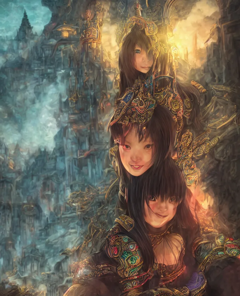 Image similar to amazing portrait of dark magician asian girl, cheeky smile, glowing eyes, intricate details, colourful, atmospheric light, ominous ancient city on the background, dark fantasy, ultra realistic details, detailed face, artstation, illustration, only one character, symmetrical, by małgorzata kmiec