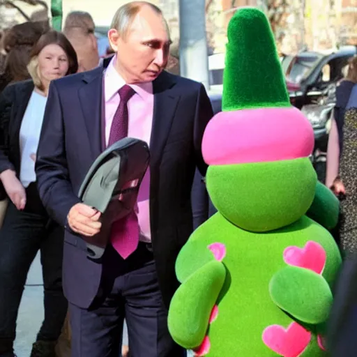 Image similar to vladimir putin dressed in a pink avocado costume