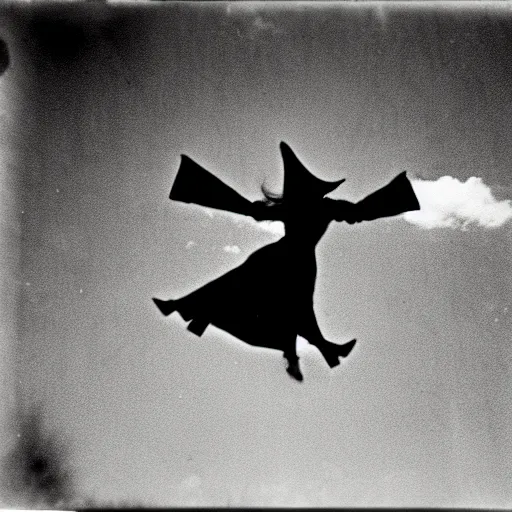 Image similar to pinhole camera photo of a witch flying on a broomstick