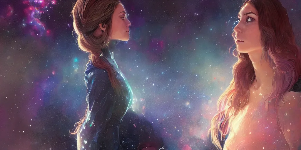 Prompt: girl wearing a dress made out of the nebula, ultra realistic illustration, alanis guillen, intricate, elegant, highly detailed, digital painting, artstation, concept art, smooth, sharp focus, illustration, art by artgerm and greg rutkowski and alphonse mucha