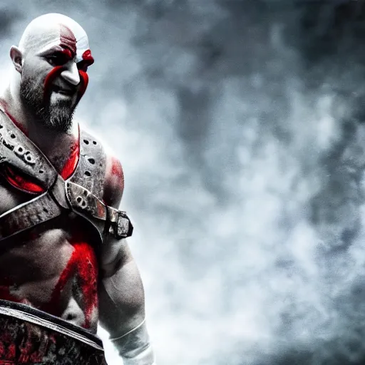 Prompt: kratos wearing bloody hockey mask, action movie still image, medium depth of field, violent