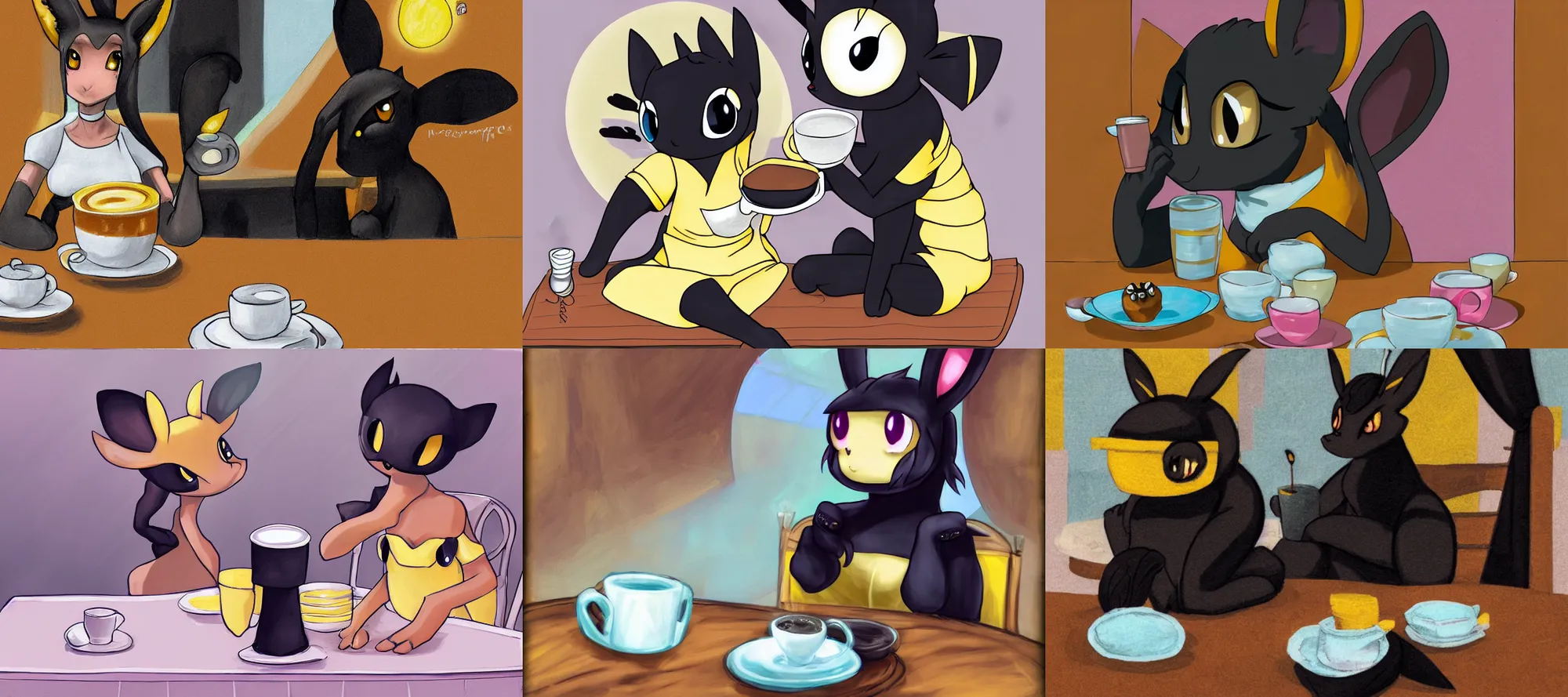 Prompt: umbreon wearing a sundress sitting at a table with cup of coffee by miles df