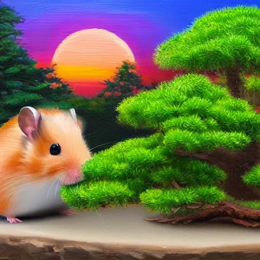 Image similar to an extremely detailed oil painting of a hamster, sitting under a bonsai tree at the sunset. colorful. trending on artstation. 4 k.