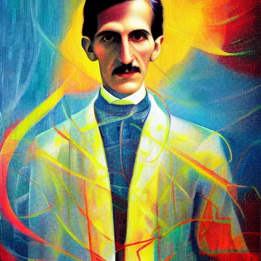 Prompt: An abstract painting of young Nikola Tesla, the background is filled with explosion of electricity