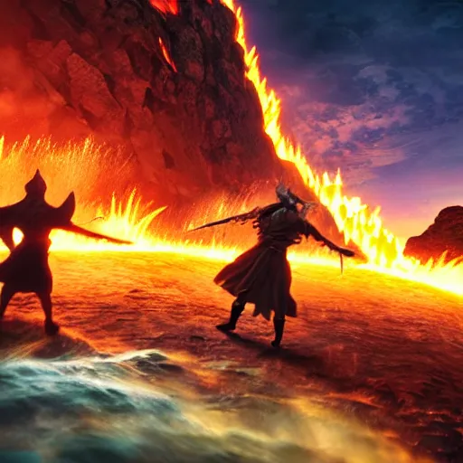 Image similar to epic battle between two wizards, lava in the background, cinematic, establishing shot