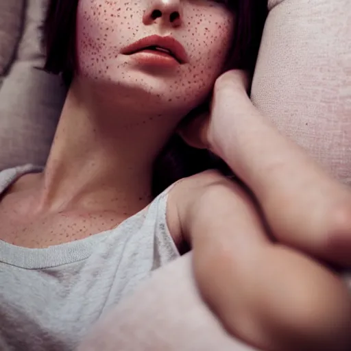 Image similar to portrait of a cute thin young woman, red blush, cute freckles wearing casual clothes, small smile, relaxing on a couch, cozy living room, close up shot, 8 k, art by diego fazio and irakli nadar, hyperrealism, hyperdetailed, ultra realistic