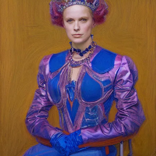 Prompt: frontal portrait of a queen dressed in blue and pink, by donato giancola.