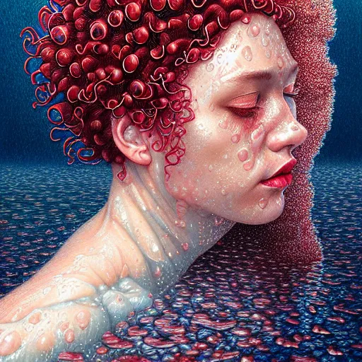 Prompt: wet beautiful face of a woman with red curly submerged in water and Casey Weldon and Chie Yoshii, particulate, water bubbles, rich colors, intricate, elegant, highly detailed, centered, digital painting, artstation, concept art, smooth, sharp focus, illustration, octane render