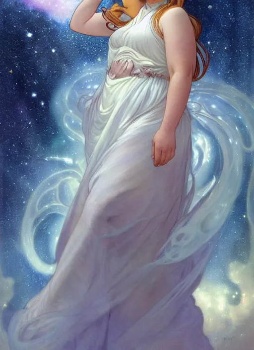 Image similar to a chubby woman with pointed ears, wearing a white sundress, and a swirling sparkling cloud galaxy nebula for hair, realistic painting by ross tran and gerald brom and alphonse mucha, artgerm, trending on artstation