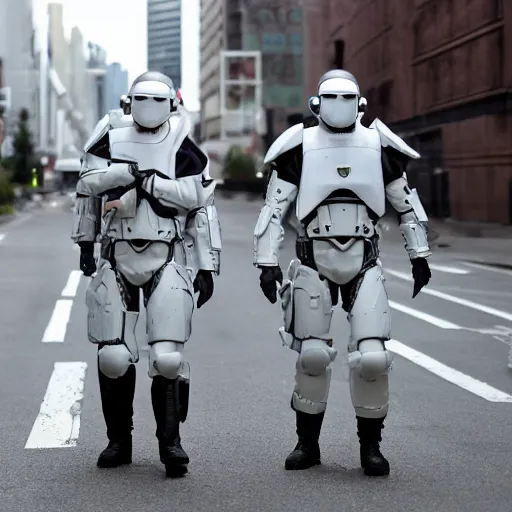 Image similar to dystopian peacekeepers wearing futuristic white armor patrolling the streets of new america