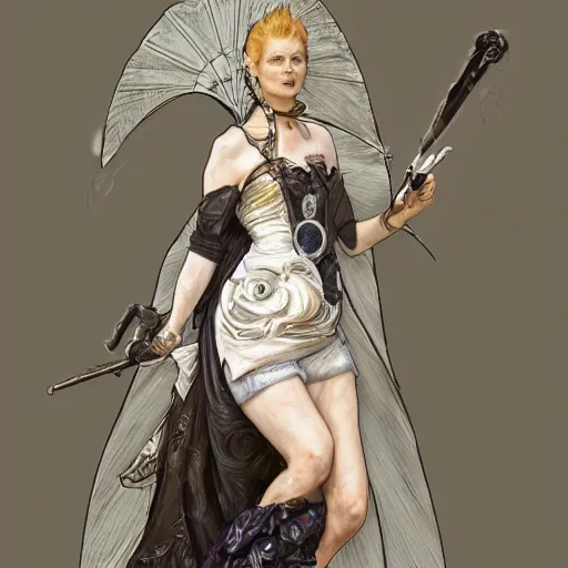Image similar to amazing lifelike award winning pencil illustration of vivienne westwood in final fantasy 1 5 fantasy costume trending on art station artgerm greg rutkowski alphonse mucha cinematic