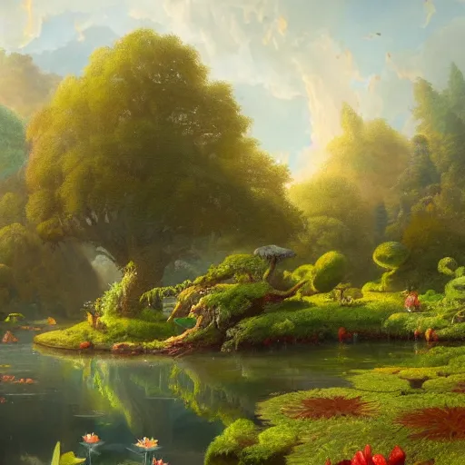 Prompt: A detailed painting of an idyllic pond with a giant tree on an island in the middle by Justin Gerard, Trending on artstation