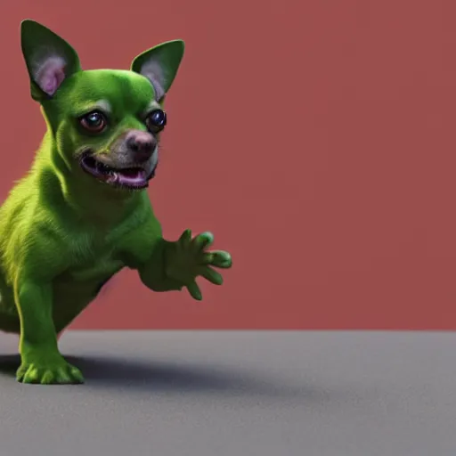 Prompt: the incredible hulk as a chihuahua in the style of a realistic 3D render, action shot