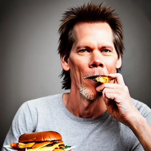 Image similar to kevin bacon profile portrait eating bacon burger soda fries, award winning food photography