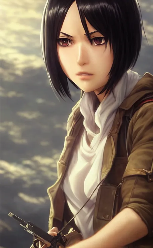 Image similar to mikasa ackerman, hero pose, medium shot, bokeh, beautiful face!!!!, 2 7 years old, cg animation, lifelike, animated, realistic, character select portrait, by artgerm, greg rutkowski, alphonse mucha, 3 d