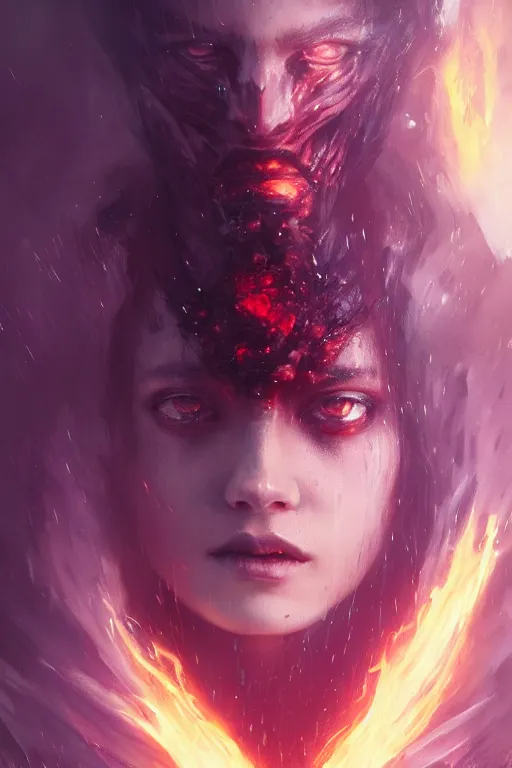 Image similar to a beautiful portrait of a young Demon women covered in deep purple flames by Greg Rutkowski, Sung Choi, Mitchell Mohrhauser, Maciej Kuciara, Johnson Ting, Maxim Verehin, Peter Konig, Bloodborne , 8k photorealistic, cinematic lighting, HD, high details, atmospheric , trending on artstation