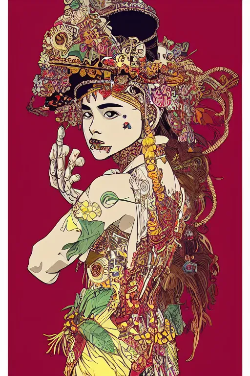 Prompt: indonesia traditional dress, skull portrait girl female skeleton illustration detailed patterns art pop art, splash painting, art by geof darrow, ashley wood, alphonse mucha, makoto shinkai