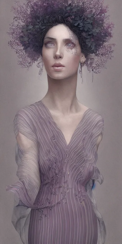 Image similar to a beautiful hyperrealistic solarpunk portrait pose of a stunning model in a striped mauve-and-soot dress, intricate, elegant, highly detailed, smooth, sharp focus, award-winning, masterpiece, in the style of Tom Bagshaw, Cedric Peyravernay, Peter Mohrbacher