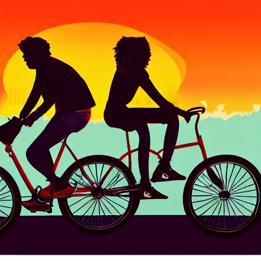 Prompt: teens riding their bikes in the 1 9 8 0 s, long shot, sunset at the golden hour, photoreal, synthwave style