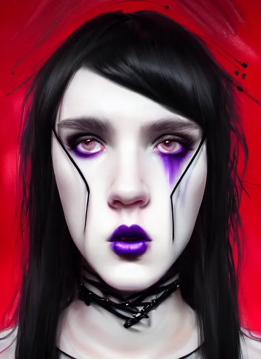 Image similar to portrait of white teenage girl, normal face, black bangs, mall goth, cyberlox, black and white hair, bangs, fluffy bangs, red contacts, purple lipstick, intricate, elegant, highly detailed, digital painting, artstation, concept art, sharp focus, smooth, illustration, art by wlop, mars ravelo and greg rutkowski