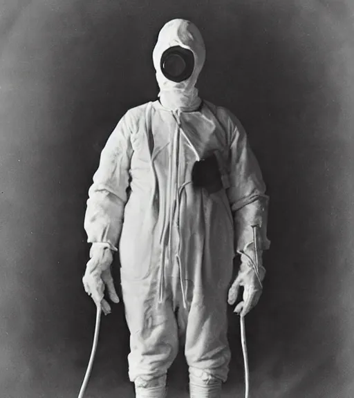 Image similar to man in a anti-radiation suit, ww1 film photo, grainy, high detail, high resolution