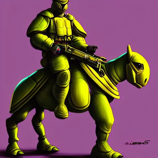 Prompt: military turtle horse, sleek futurism, character design, purple and yellow, detailed, trending on artstation, by les edwards