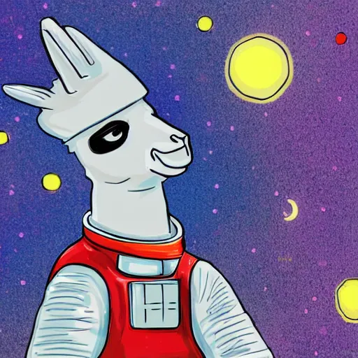 Prompt: An smug astronaut llama calls home