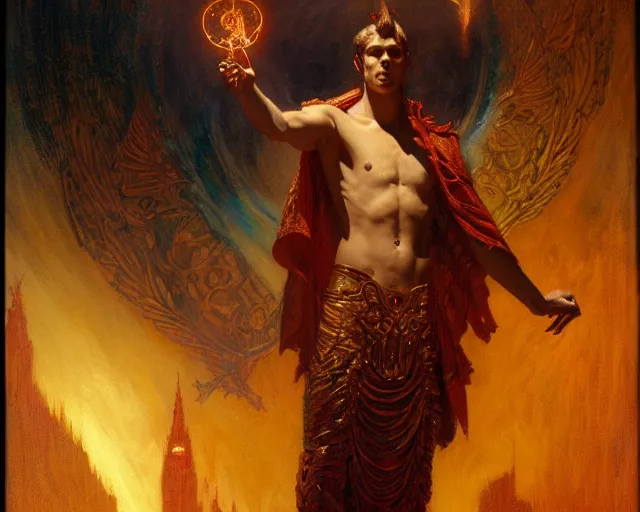 Image similar to attractive male deity, casting dark magic, summoning handsome lucifer morningstar, highly detailed painting by gaston bussiere, craig mullins, j. c. leyendecker