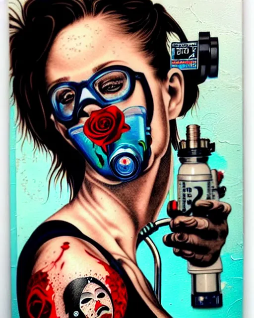 Prompt: diver with oxygen mask wearing blood and having tattoo of rose and a pistol with sea and ocean in the background intricate details with horror side profile by Sandra Chevrier