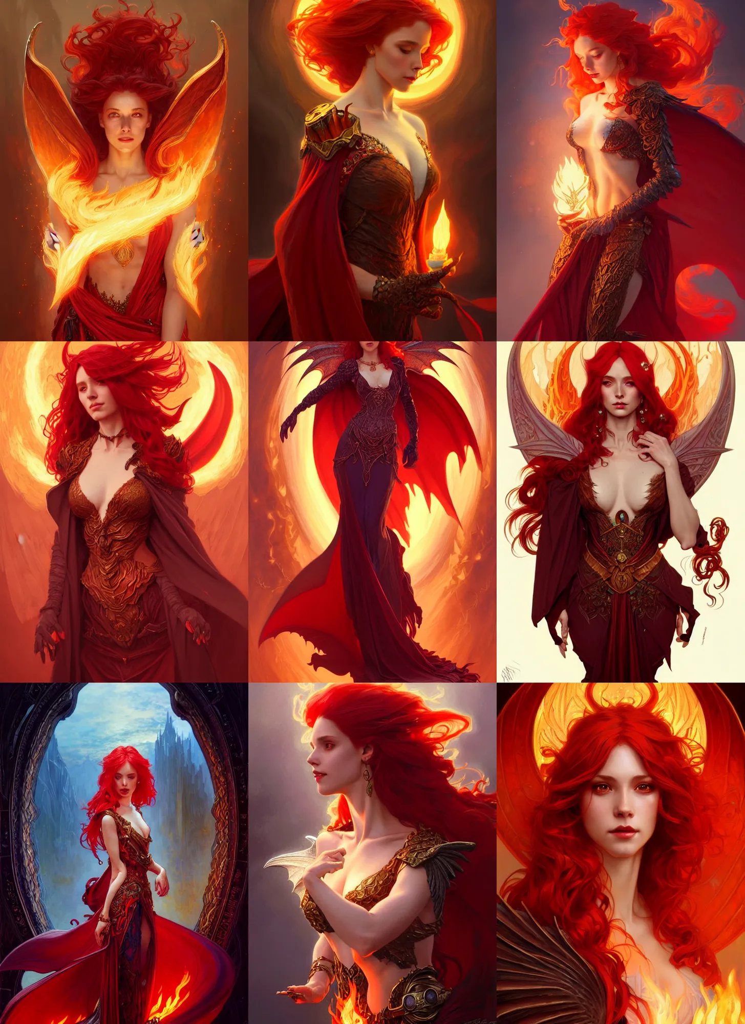 Prompt: portrait of charming sorceress, dragon winged cloak, red hair, fantasy, fire!! full body, intricate, elegant, highly detailed, digital painting, artstation, concept art, smooth, sharp focus, illustration, art by artgerm and greg rutkowski and alphonse mucha