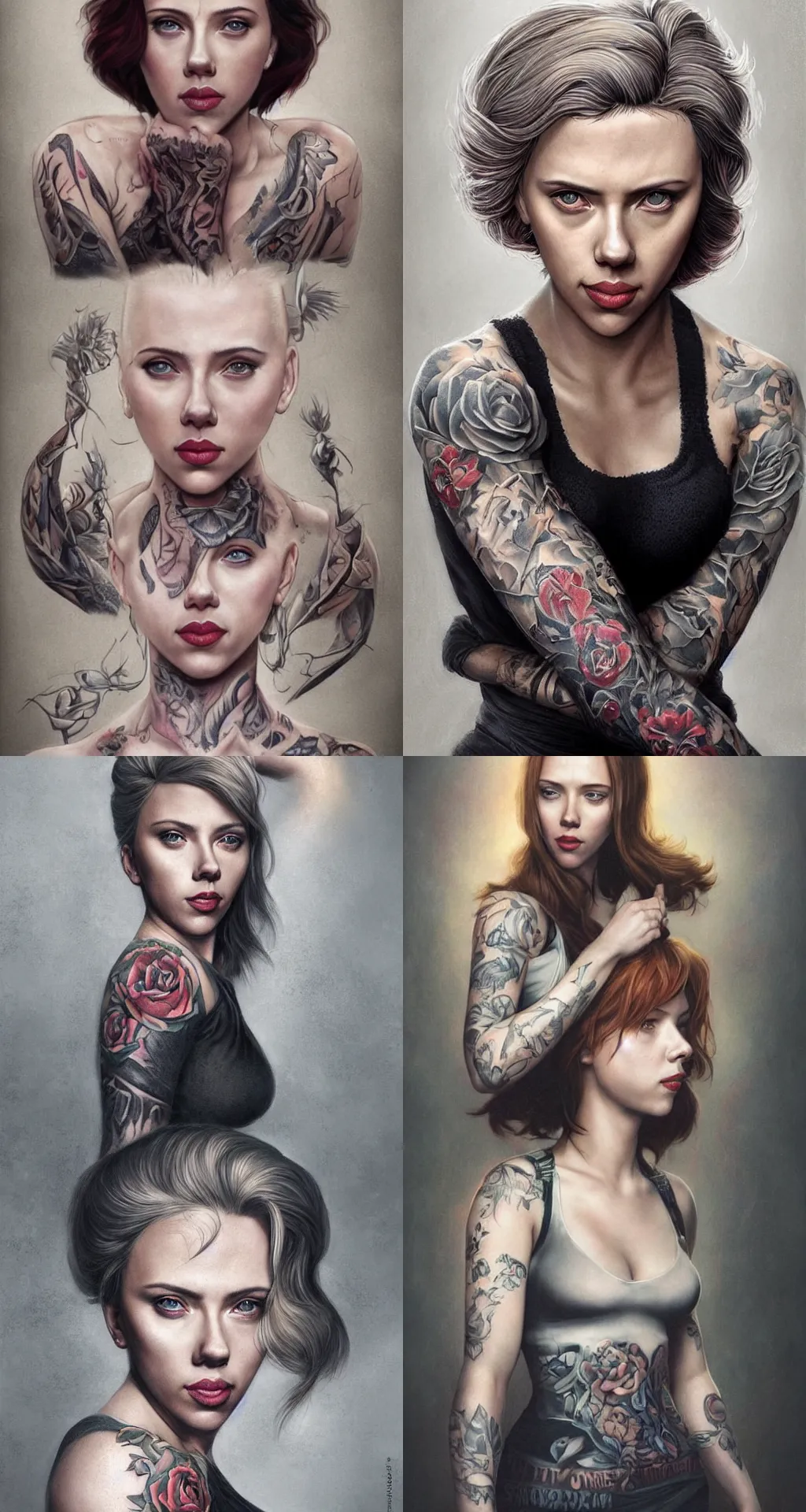 Prompt: Beautiful female Scarlett Johansson:: tattoo sleeves:: smile and showing face, middle shot, exciting, fun, realistic character concept, slender symmetrical body:: tattoos:: artstation, cinematic lighting, hyperdetailed, cgsociety, 8k, high resolution:: Tom Bagshaw, Joshua Middleton, Gottfried Helnwein, Rafeal Albuquerque comic:: insanely detailed and intricate