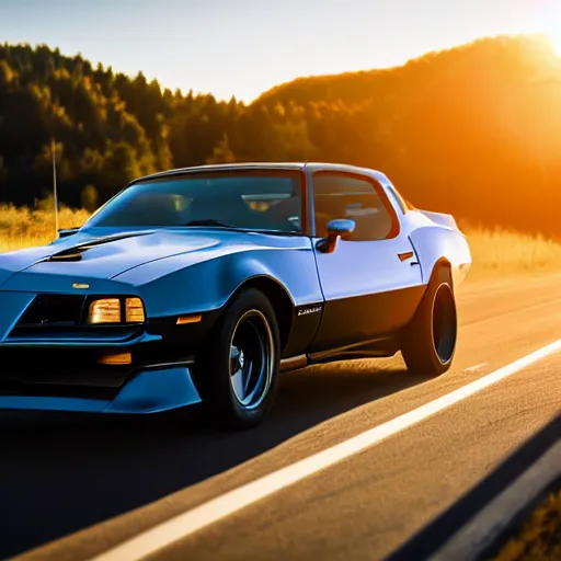 Image similar to black pontiac firebird trans - am driving towards the camera, mountain, valley, sunrise, cinematic, motionblur, sunbeams, volumetric lighting, wide shot, low angle, artstation