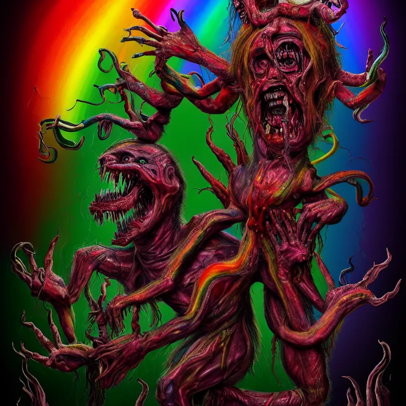 Prompt: a beautiful, colorful, flesh - eating, whimsical demon with rainbow fur, seven arms, seven legs, three heads, by alexandro judorowski and basia tran, fear, morbid, nightmare, supernatural, 8 k, digital art, highly detailed, chiaroscuro, creepy, terrifying