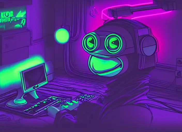 Image similar to futuristic pepe the frog, cyberpunk, vaporware, digital computer world, neon, dylan kowalski, marat zakirov, albert ramon puig, trending on artstation, 8 k