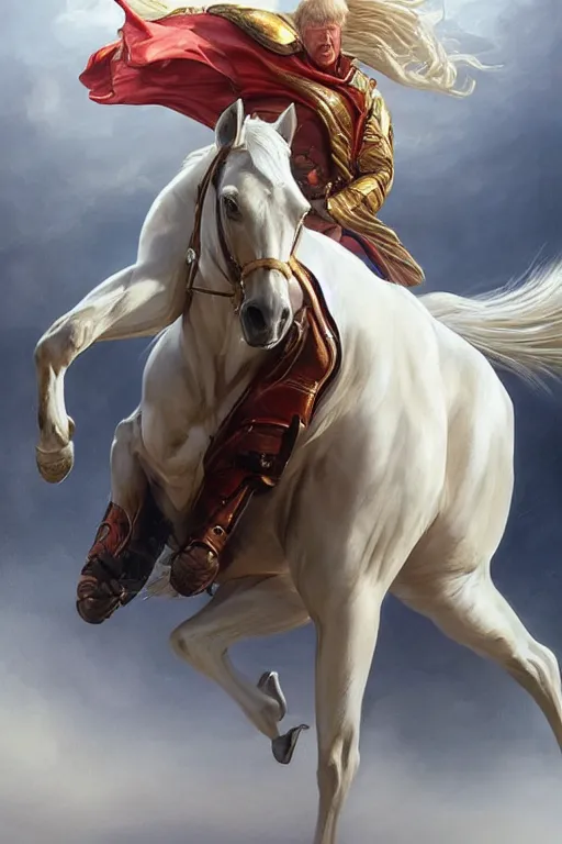 Image similar to donald trump on a majestic white horse, digital painting, artstation, concept art, smooth, sharp focus, illustration, in - frame, centered, art by artgerm and donato giancola and joseph christian leyendecker, ross tran, wlop