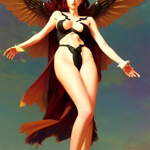 Image similar to greg manchess painting of anime woman, long wings, sorceress wand, soft lighting, trending on artstation, by huang guangjian and gil elvgren and sachin teng