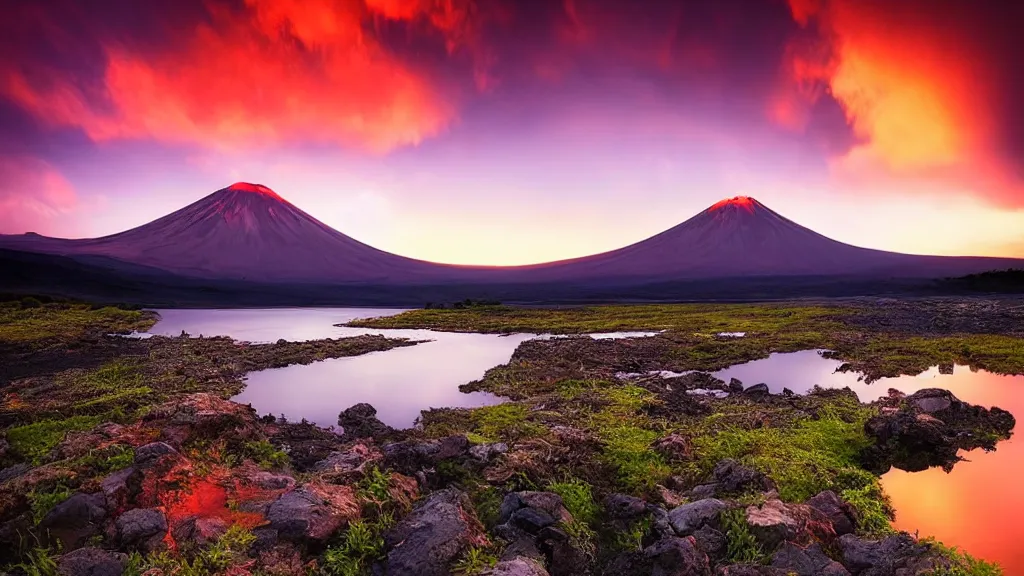 Image similar to amazing landscape photo of a volcano with lake in sunset by marc adamus, beautiful dramatic lighting