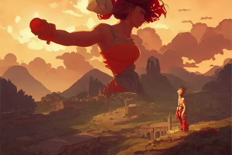 Prompt: landscape with a great roman city and epic clouds in the sky, glorious, epic scene, sunlight, beautiful, in the style of artgerm, gerald brom, atey ghailan and mike mignola, vibrant colors and hard shadows and strong rim light, plain background, comic cover art, trending on artstation