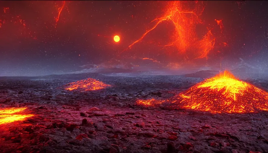 Image similar to volcano at night, island in front of the full moon, shimmering stars, moody atmosphere, glowing lava, water, unreal engine, realistic shading, realistic render, octane render, detailed textures, photorealistic, wide shot