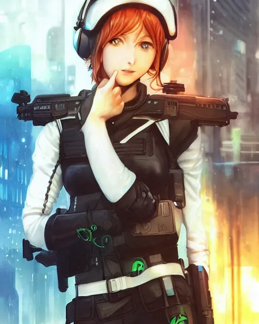 Image similar to nami, anime key visual of a young female swat officer, neon, cyberpunk, futuristic, white clothing, black vest, swat helmet, stunning, highly detailed, digital painting, smooth, soft focus, illustration, 4 k digital art from artstation by artgerm and greg rutkowski and alphonse mucha