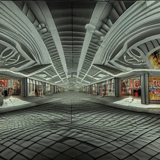 Image similar to hyperrealism computer simulation visualisation of parallel universe mall in surreal scene from art house movie from future by caravaggio rendered in mandelbulb 4 d and blender and octane render