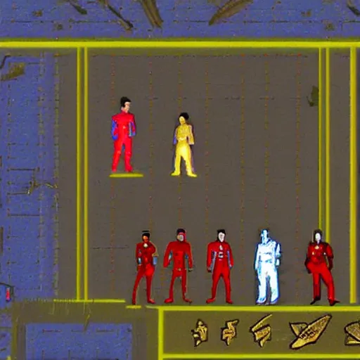 Image similar to screenshot from 1 9 9 0 s point and click star trek game showing a group of characters in red, blue, gold star trek uniforms on an alien planet