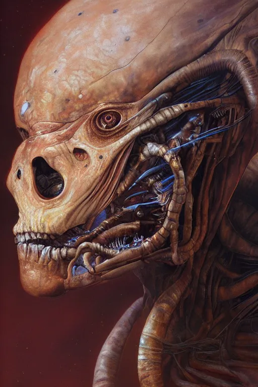 Prompt: beautiful oil clean painting biomechanical portrait of predator alien by wayne barlowe, rembrandt, complex, stunning, realistic skin color, 4 k, high res, awardwinning, masterpiece, realistic lighting