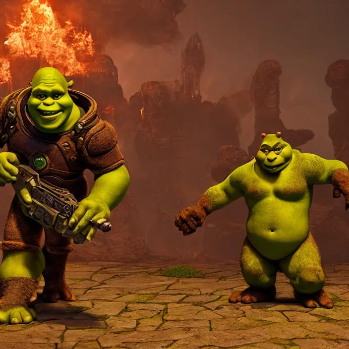 Prompt: Shrek as a Doom Slayer, unreal engine 5, octane render, HDR, focus, brutal, high detail, Doom Eternal