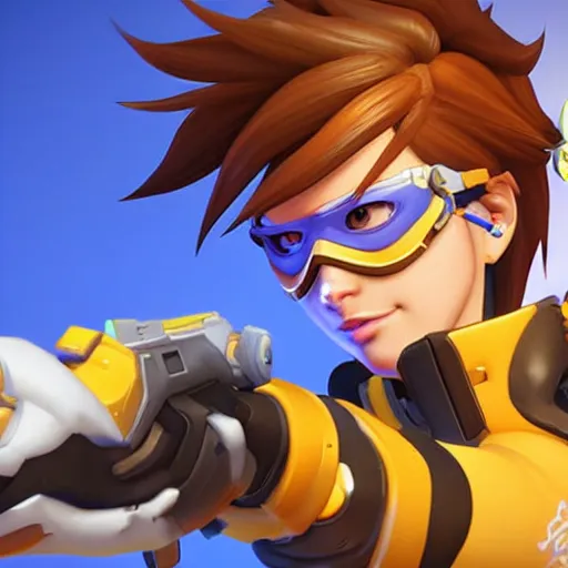 Image similar to accurate digital 3 d artwork of tracer from the game overwatch, facial features, eyes,